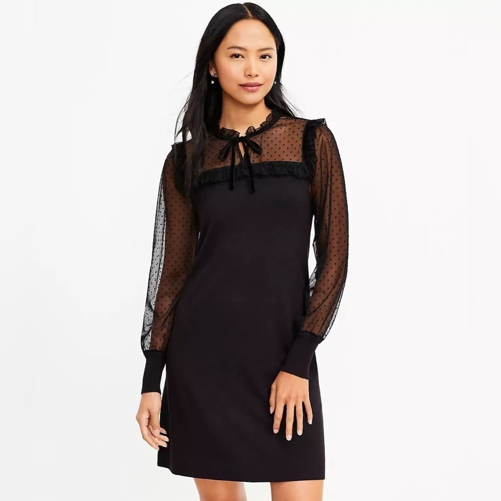 New nwt LOFT Velvet Dot Mixed Media Sweater Dress black size xs